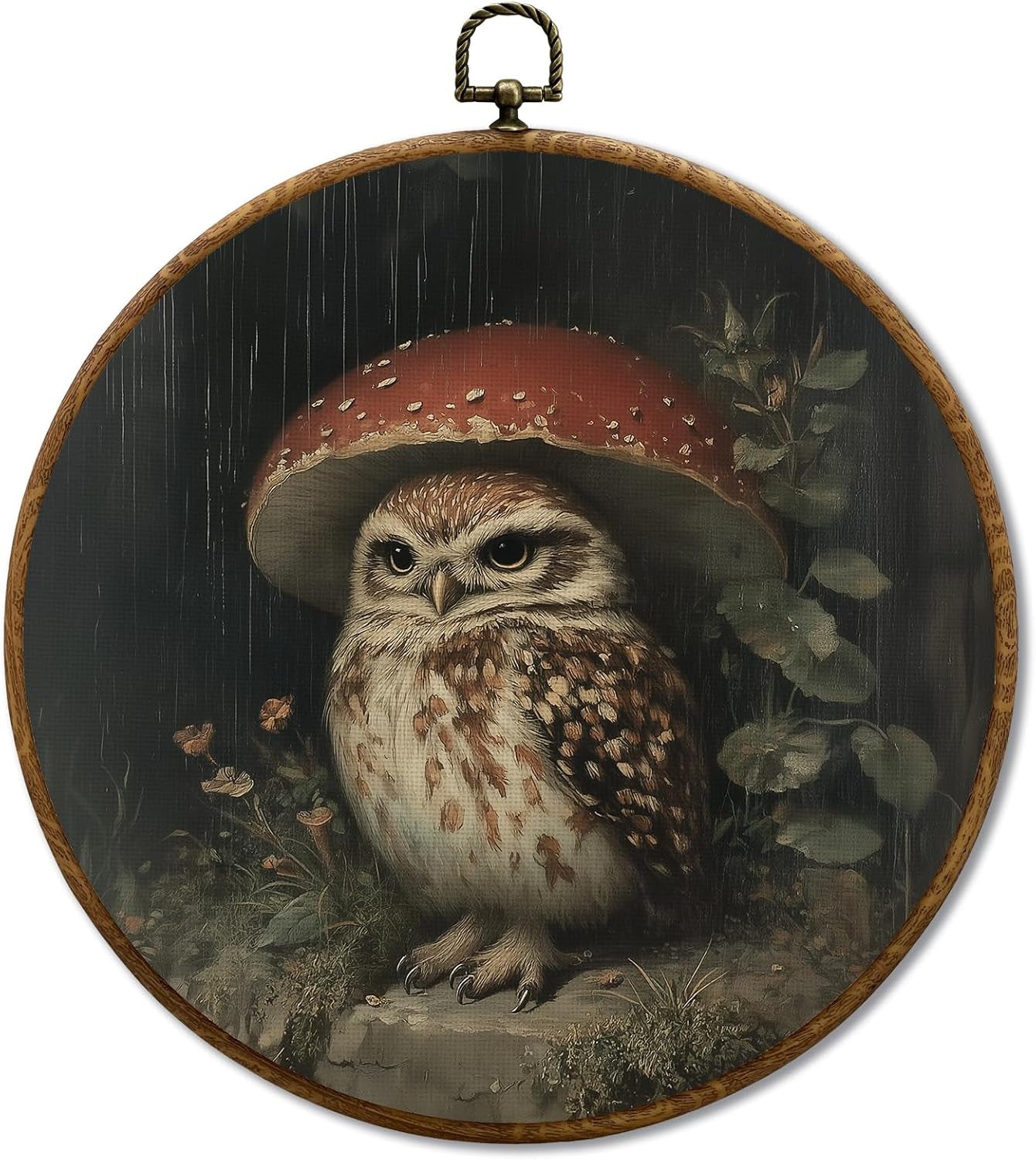 Cottage Core Mushroom Owl round Wall Decor, Dark Cottagecore Rainy Day Owl Mushroom Framed Canvas Prints, Rustic Wall Art Hanging Decorations for Home Bedroom Living Room Decor, 10X10In