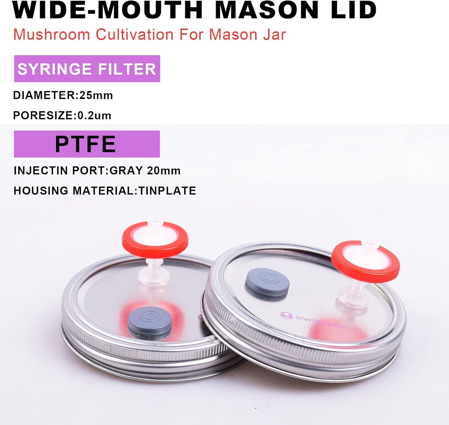 6Pcs Wide Mouth Mushroom Liquid Culture Lid,Split-Type Mason Jar Lid with 0.22Um PTFE Syringe Filter & 20Mm Self Healing Ports for Mushroom(Silver)