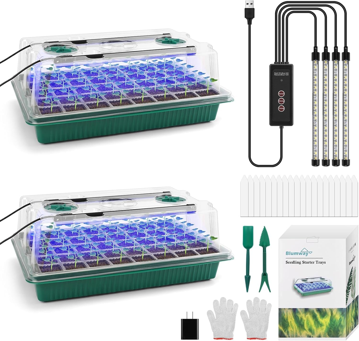 Seed Starter Tray with Grow Light,2 Pack 80 Cells Seedling Tray Kit with Humidity Dome/Indoor Plant Starter Kit, Adjustable Brightness Plant Germination Trays-Green