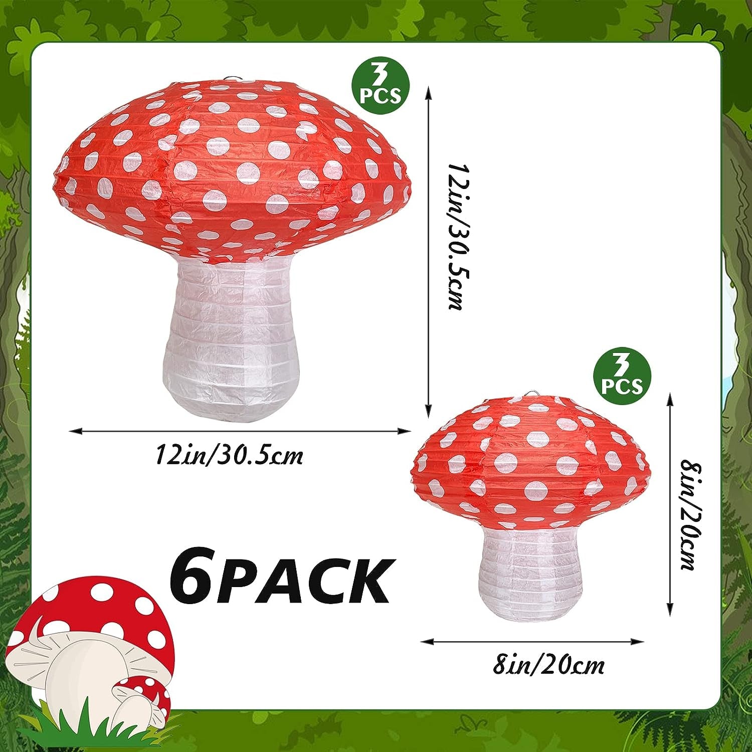 Mushroom Hanging Lanterns, Mushroom Shaped Paper Lantern for Forest Jungle Wonderland Theme Birthday Party Decor Fairy Baby Shower Nursery Garden Wedding Decoration (12IN & 8IN)