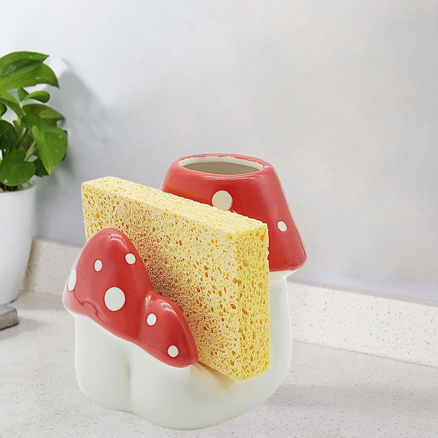 Mushroom Sponge Holder for Kitchen Sink Cute Kitchen Decor Mushroom Decor Ceramic Dish Sponge Brush Holder Kitchen Accessories Mushroom Gifts (Red)