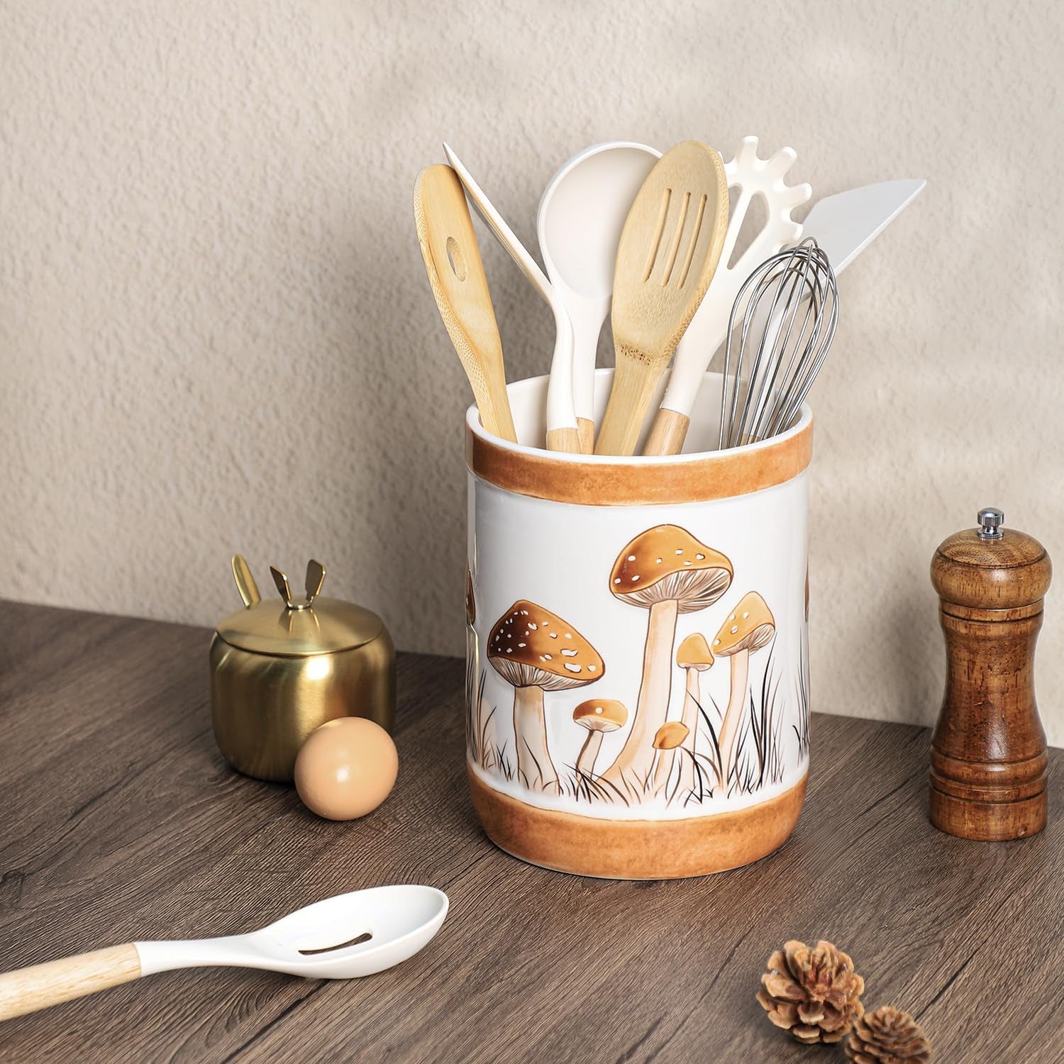 Brown Ceramic Mushroom Pattern Kitchen Utensil Holder, Large Cooking Utensil Crocks for Kitchen Countertop, Ceramic Utensil Organizer