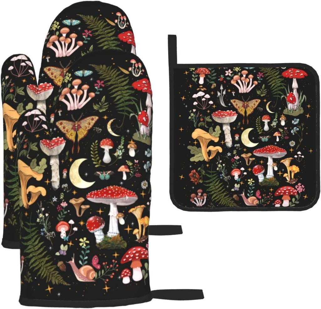 Mushroom Oven Mitts and Pot Holders Sets, Heat Resistant Black Hot Pads Witchy Oven Gloves for Cooking Grilling Baking Kitchen Decor Aesthetic, Witchy Gifts for Women,Mushroom Gifts for Women