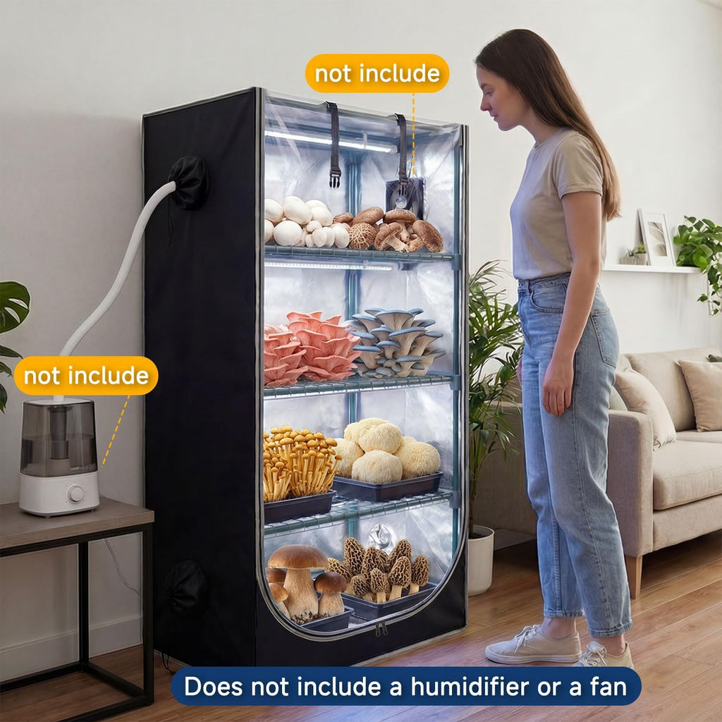 Mushroom Grow Tent Kit with Mushroom-Optimized Grow Lights & Timer | 27.5"W X 20"D X 65"H, Indoor Martha Tent with Oxford Fabric Cover, Small Greenhouse, 4" Vent Ports for Inline Fan, Humidifier