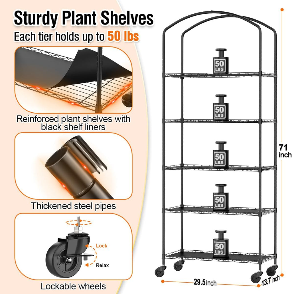 Small Indoor Greenhouse with Grow Light & PVC Cover Portable Mini Greenhouse Tent Shelves Adjustable 5 Tier Metal Plant Stand with Grow Light for Indoor Plants, Seed Starting, 29.5"X13.7"X71"