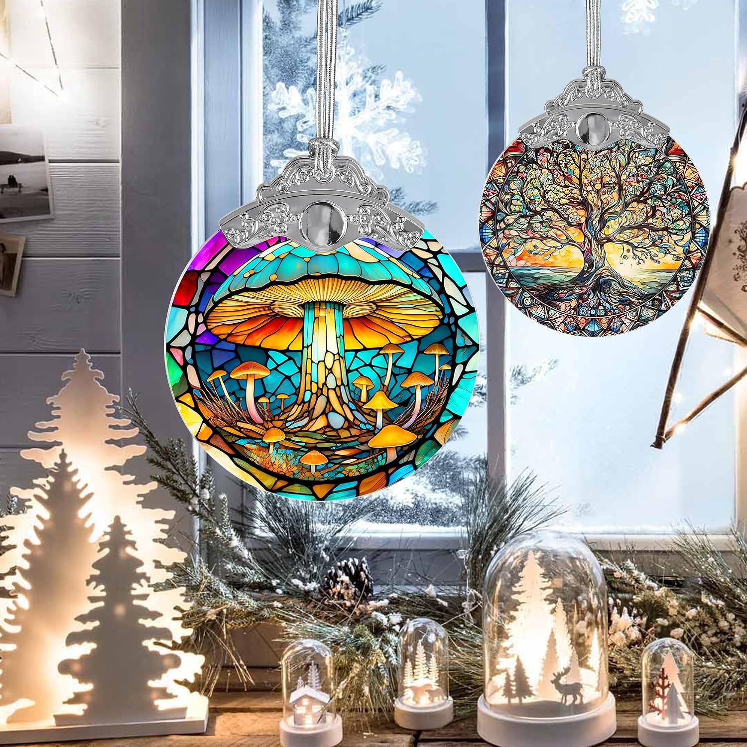 Stained Glass Suncatcher,  Mushroom Ornament, Christmas Ornaments, Holidays Ornaments, Christmas Tree Decor, Mushroom Decor for Home, Mushroom Gifts