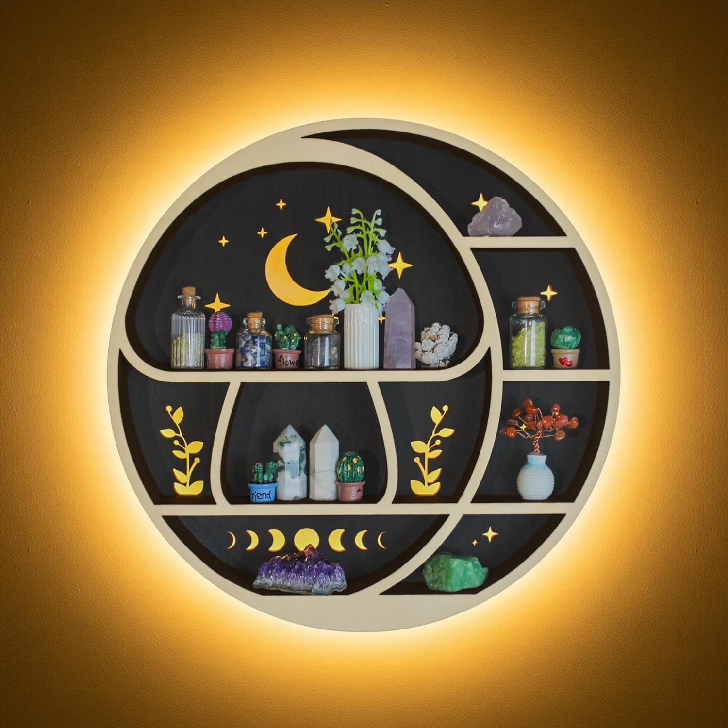 Mushroom Moon Shelf Wall Decor with LED Light, Circle Wooden Trinket Knick Knack Shelf, Moon Decor Crystal Display Shelves for Rocks Gems Healing Stones, Cute Crystal Holder Organizer