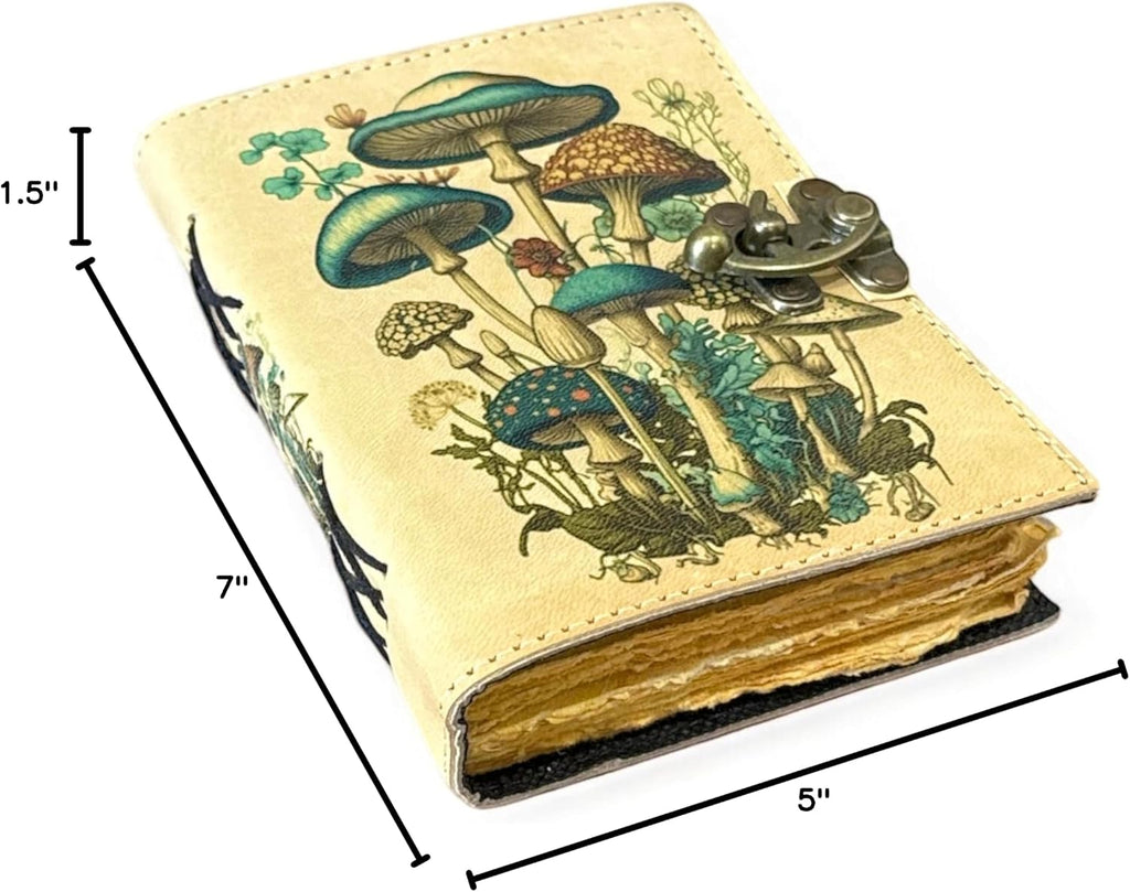 Mushroom Printed Blank Spell Book of Shadow Leather Journal Deckle Edge Paper Witchy Wiccan Journal Spiral Gothic Notebook Grimoire Journal Festival Gifts for Men and Women