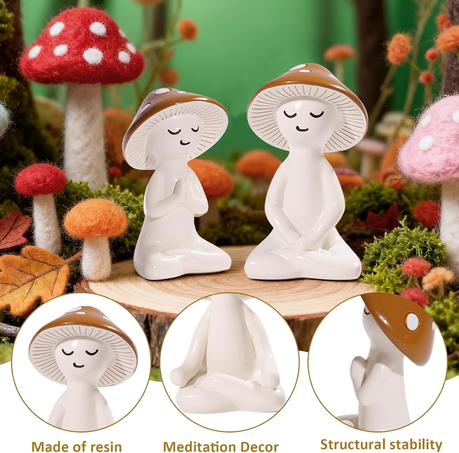 3 PCS Meditation Mushroom Statue - Cute Mushroom Decorations Figurines Mushroom Decor Statue Resin Figurine for Cute Room Decor Mushroom Figurines for Tabletop Garden Bathroom Backyard Shelf Decor