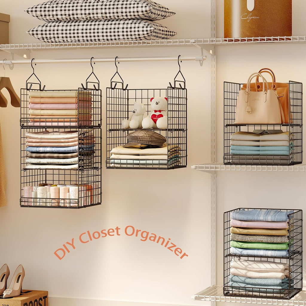 5 Tier Closet Hanging Organizer and Storage Separable Hanging Closet Shelves with 4 Hooks 2 Adjustable Dividers, Wire Storage Basket Bins for Clothing Sweaters Socks Dolls Handbags, Foldable