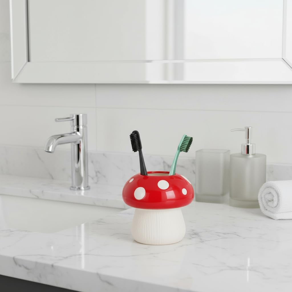 Mushroom Toothbrush Holder ， Cute Toothbrush Holder，Best Mushroom Kitchen Decor and Mushroom Bathroom Decor(Red)