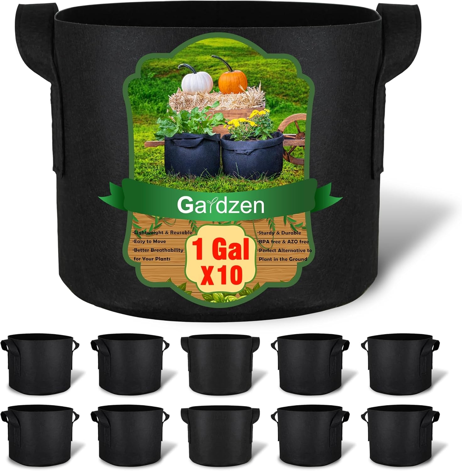 10-Pack 1 Gallon Grow Bags, 300G Thickened Fabric Grow Bags with Handles, Heavy Duty Aeration Plant Grow Bags for Indoor & Outdoor Use