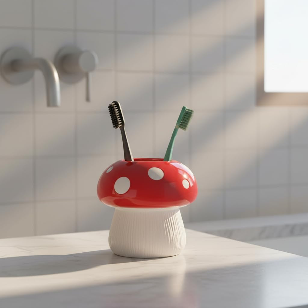 Mushroom Toothbrush Holder ， Cute Toothbrush Holder，Best Mushroom Kitchen Decor and Mushroom Bathroom Decor(Red)