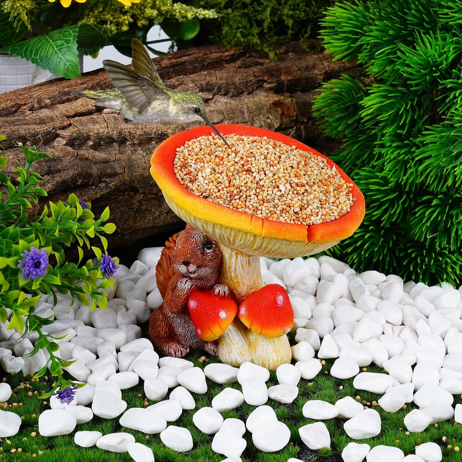 Resin Mushroom Statue Decor for Indoor and Outdoor Decoration, Bird, Small Animal, Insect Water Bowl Feeder for Garden, Backyard, Balcony (Squirrel)
