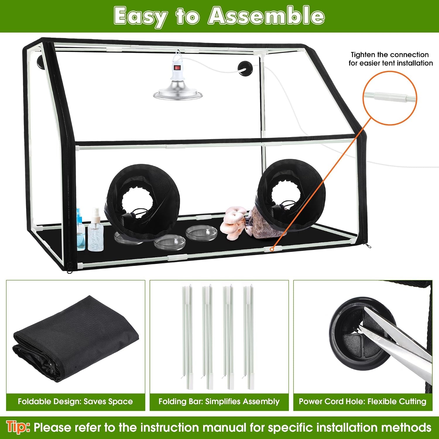 Mushroom Grow Tent and LED Growing Light Kit, 30 X 20 X 20 Inch Portable Large Still Air Box, Mycology Mushroom Growing Kit, Indoor Propagation Stations with 48 LED Mushroom Grow Lamp(Black)