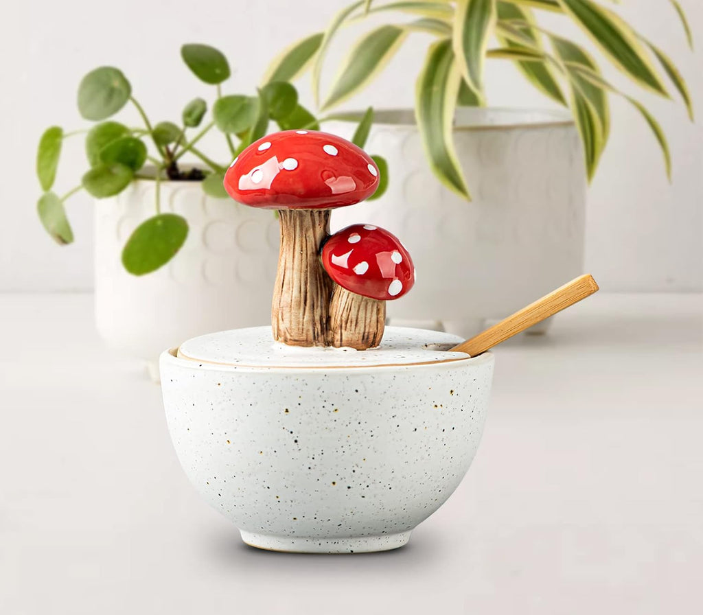 Mushroom Salt Cellar with Lid Ceramic Salt Box White Salt Bowl Salt Container with Lid Salt Pig with Bamboo Spoon Salt Holder Salt Well Salt Keeper