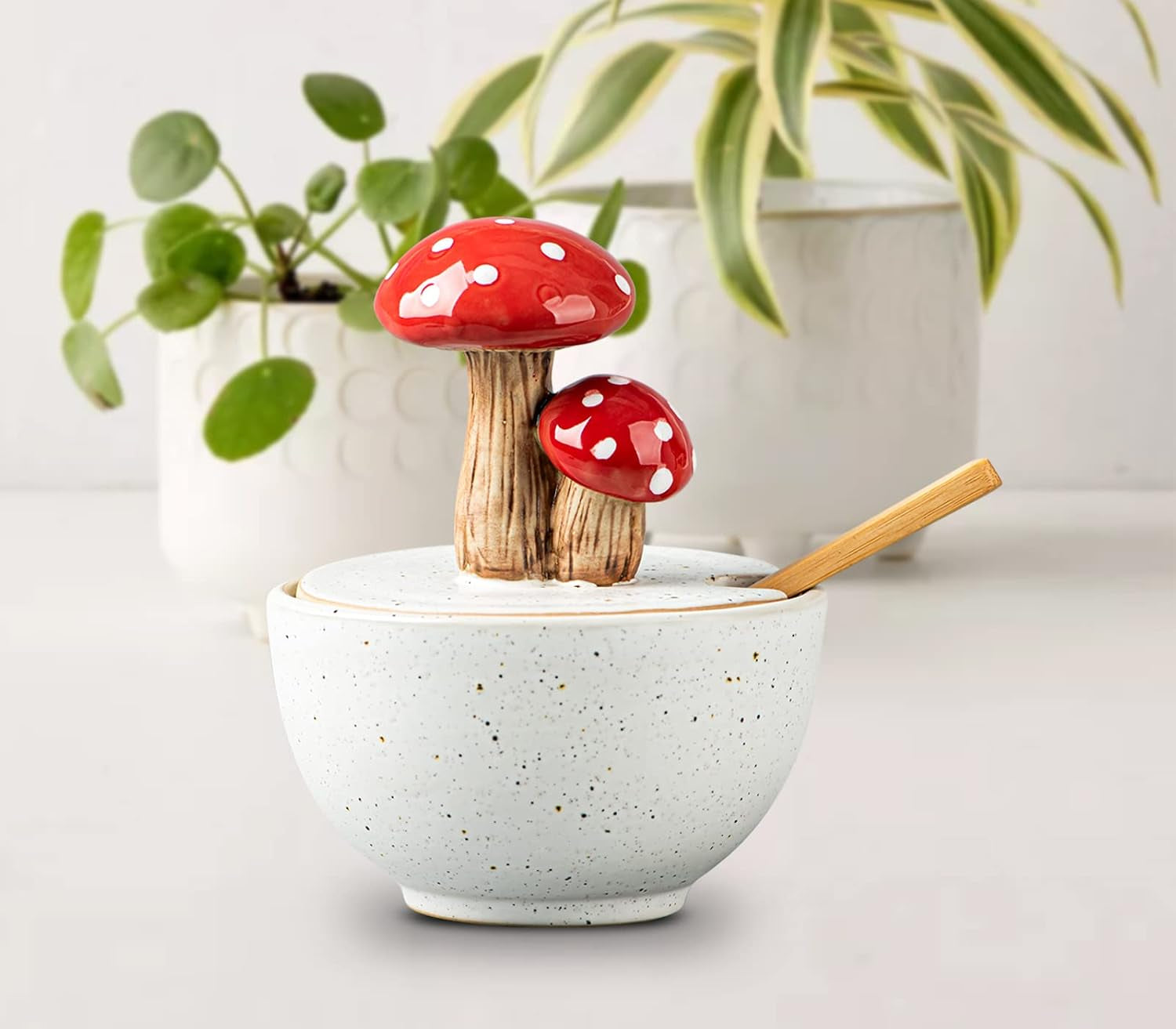 Mushroom Salt Cellar with Lid Ceramic Salt Box White Salt Bowl Salt Container with Lid Salt Pig with Bamboo Spoon Salt Holder Salt Well Salt Keeper