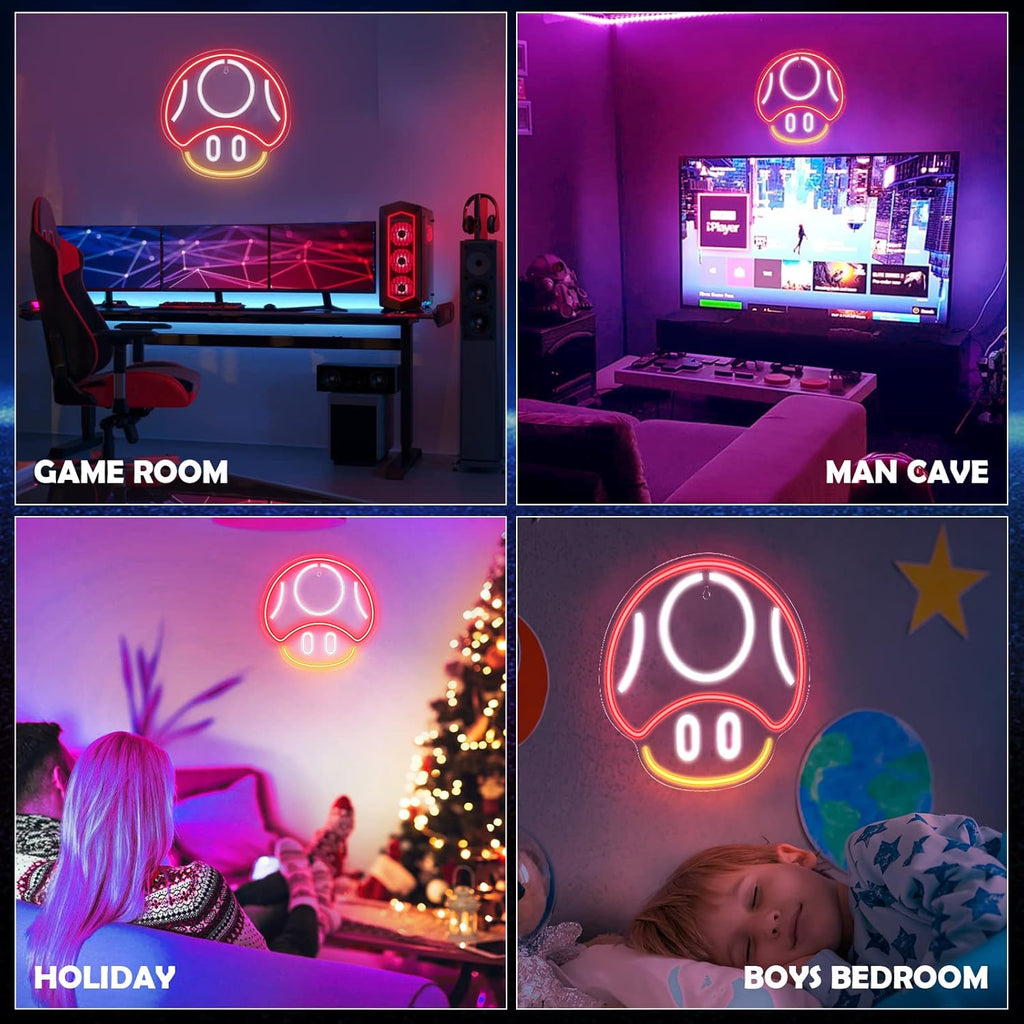 Gaming Neon Sign, Mushroom Neon Sign for Game Room Decor, Man Cave, Kids Room - Gaming Mushroom Wall Decor - Gamer Gifts for Boys, Kids (Red)