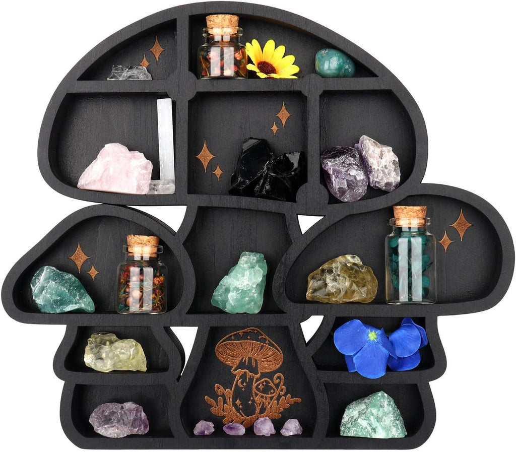 Wooden Mushroom Decor Cute Wall Decor Floating Shelves Crystal Display Shelf Witchy Home Decor Funny Mushroom Bathroom Decoration Spiritual Decor Mushroom Gifts (Cute)