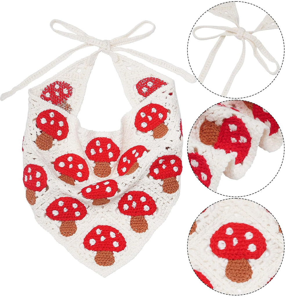 Crochet Bandana Headband Head Scarf Hairband for Women Girls White Knitted Mushroom Hair Accessories for Festival 80S Hair Styling Decor