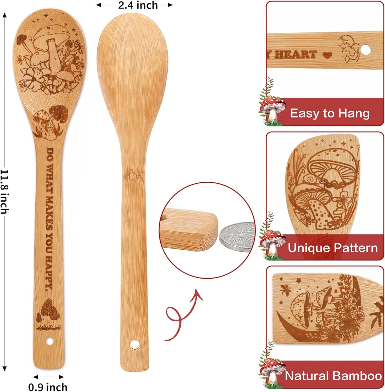 Mushroom Kitchen Decor Bamboo Wooden Spoons with Utensil Holder-Mushroom Kitchen Accessories for Cooking-Home Decorations Gifts for Women-Housewarming,Birthday,Easter,Mothers Day Gift（6Pcs）