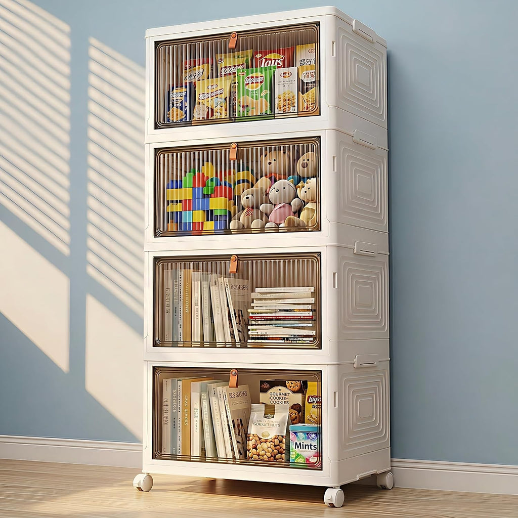136Qt Large Storage Bins with Lids, 4 Tier Stackable Storage Cabinet with Wheels & Clear Doors, Foldable Plastic Closet Organizer for Bedroom, Bathroom & Kitchen
