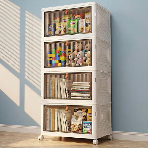 136Qt Large Storage Bins with Lids, 4 Tier Stackable Storage Cabinet with Wheels & Clear Doors, Foldable Plastic Closet Organizer for Bedroom, Bathroom & Kitchen