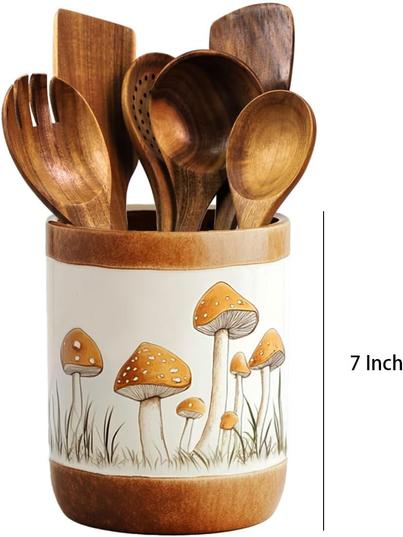 Brown Ceramic Mushroom Pattern Kitchen Utensil Holder, Large Cooking Utensil Crocks for Kitchen Countertop, Ceramic Utensil Organizer