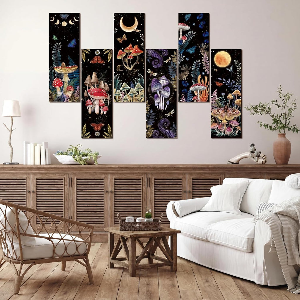 6 Pcs Mushroom Wall Decorations Gothic Wall Decor Minimalist Wooden Boho Hanging Witchy Farmhouse Pediments for Gallery Bedroom Living Room Decorations