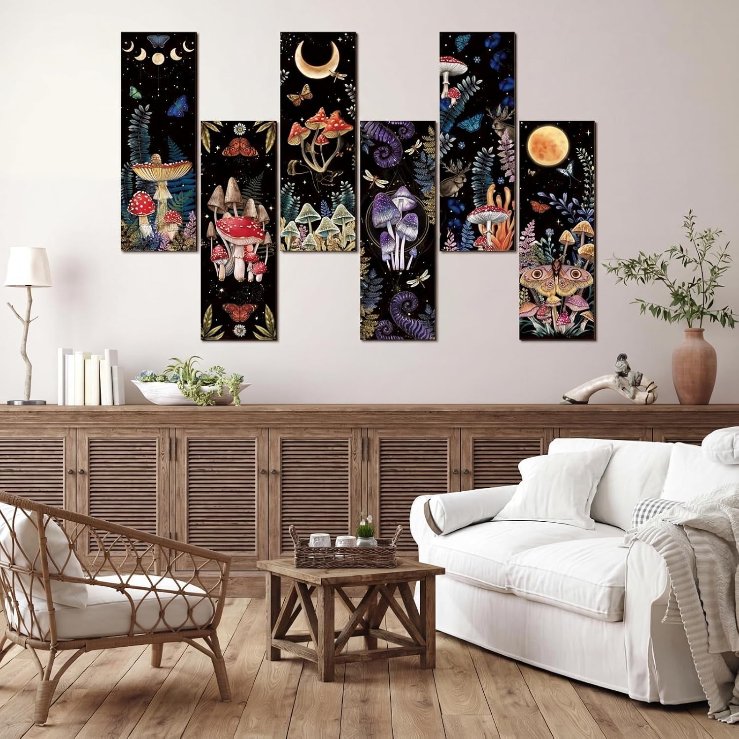 6 Pcs Mushroom Wall Decorations Gothic Wall Decor Minimalist Wooden Boho Hanging Witchy Farmhouse Pediments for Gallery Bedroom Living Room Decorations