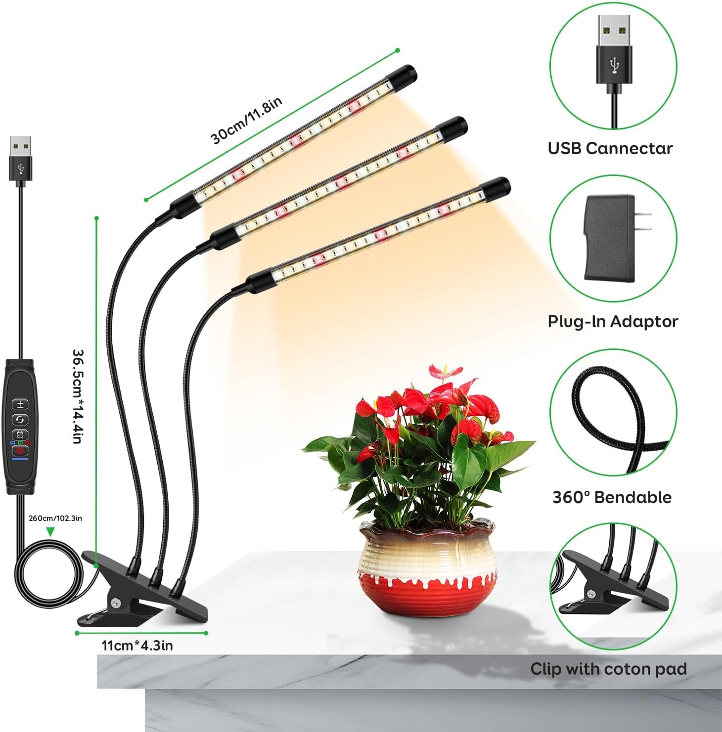 LED Grow Lights for Indoor Plants, 3Heads Grow Lights for Seed Starting, 10 Dimmable Levels & 3 Timer Modes (3/9/12H), Adjustable 360° Gooseneck with Clip, Plant Grow Light 2 Pack