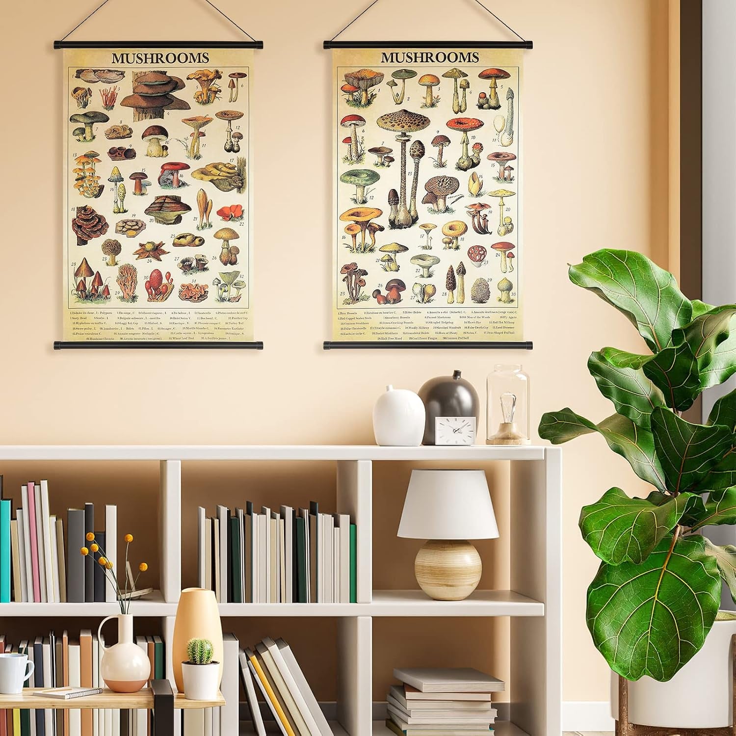2 Pcs Vintage Mushroom Flower Butterfly Tree Poster Fungus Rustic Wall Hanging Illustrative Reference Chart Poster for Bedroom Living Room, 15.7 X 23.6 Inch(Vintage Mushroom)